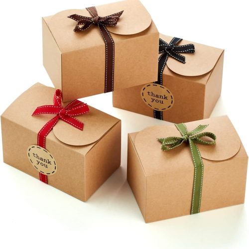 Brown Kraft Cookie Boxes with Ribbons & Stickers (20 Pack) 6.5” x 4” Small Cardboard Gift Boxes for Gift Giving, Baked Goods, Candy, Christmas, Decorative Food Packaging, Bakery Treats, Empty, Bulk