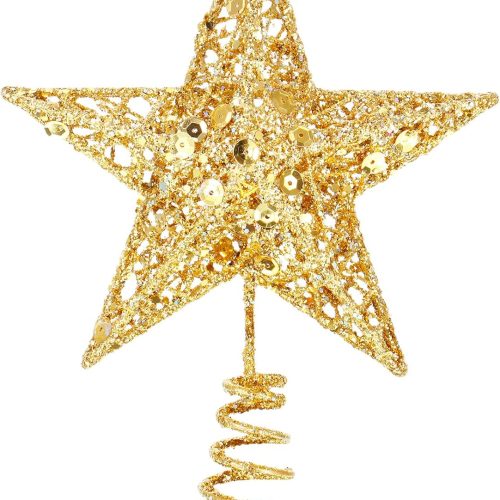 Christmas Star Tree Topper 6 Inch Glittered 3D Metal Star Treetop Topper Small Christmas Hollow Decoration for Xmas Holiday Party Decoration Indoor(Gold)