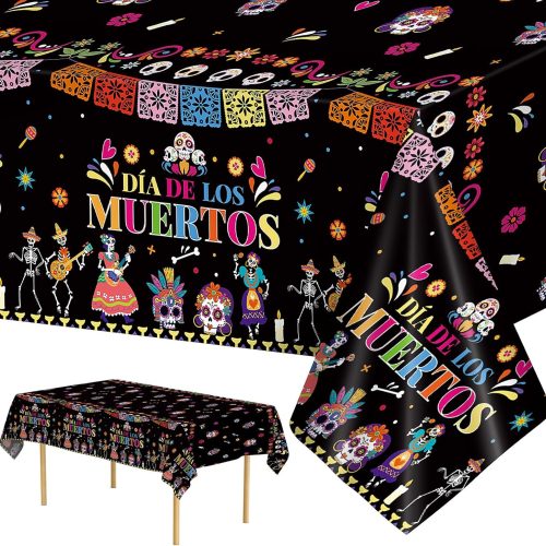 2 Pcs Day of The Dead Table Cloth - Plastic Dia De Los Muertos Tablecloth, Disposable Sugar Skull Floral Table Cover for Halloween Mexican Fiesta Party Decorations Supplies Favors, 108 x 54 Inch
