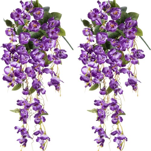 Artificial Hibiscus Fake Hanging Flowers Plants for Outdoors Spring Summer Decor, 2pcs Purple Silk Hibiscus Long Trailing Vines UV Resistant Realistic Faux Flower for Outside Front Door Porch Patio