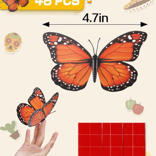Day of The Dead Monarch Butterfly Decorations, 24 Pcs Halloween Orange Artificial 3D Premium Fake Butterflies Craft, Wall Refrigerator Decor for Dia De Los Muertos Ofrenda Altar