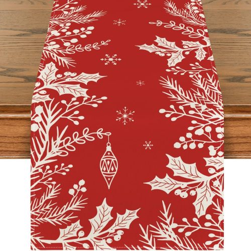 Holly Pine Branches Leaves Christmas Table Runner, Seasonal Winter Kitchen Dining Table Decoration for Home Party Decor 13x48 Inch