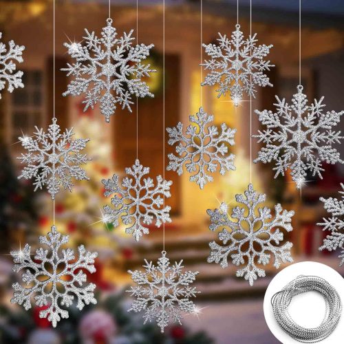 36pcs Christmas Silver Snowflake Ornaments Glitter Plastic Hanging Snowflakes from Ceiling Snow Flakes Decorating Hanging Winter Bedroom Window Indoor Outdoor Decor Wonderland Xmas Tree Decorations