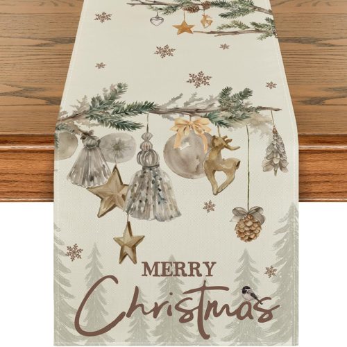 1 Artoid Mode Xmas Pine Ornament Snowflake Merry Christmas Table Runner, Seasonal Winter Kitchen Dining Table Decoration for Home Party Decor 13x72 Inch