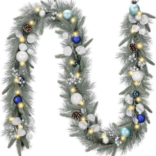 9 Ft Pre-Lit Christmas Garland with Lights for Mantle, Lighted Outdoor Xmas Garland with Silvery Blue Balls Norfolk Pine for Home Stairs Fireplace Table Centerpiece Indoor Holiday Decor
