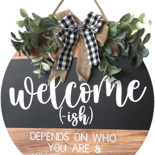1 Welcome Sign Front for Door Decoration, 12 in Round Wood Wreaths Wall Hanging Outdoor, Farmhouse, Porch, for Spring Summer Fall All Seasons Holiday Christmas