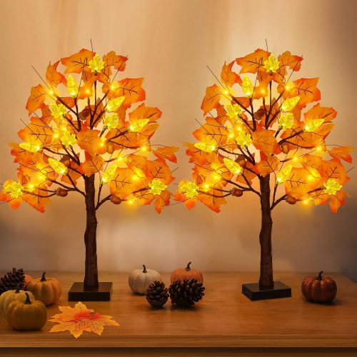 1 2 Pack 24 Inch Prelit Fall Maple Tree with 48 LED Lights Timer Battery Operated Light Up Acorn Maple Tree for Fall Autumn Thanksgiving Artificial Home Indoor Halloween Decor