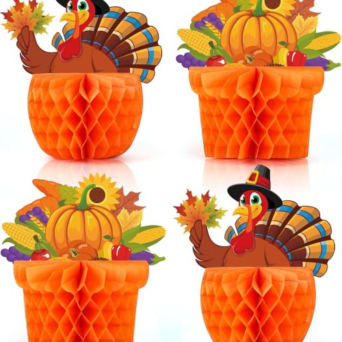 1 4 Pack Large Thanksgiving Honeycomb Turkey Centerpiece Thanksgiving Table Decor Fall Harvest Pumpkin Turkey Figure Honeycomb Standing Decorations for Fall Home Kitchen Tabletop Decor