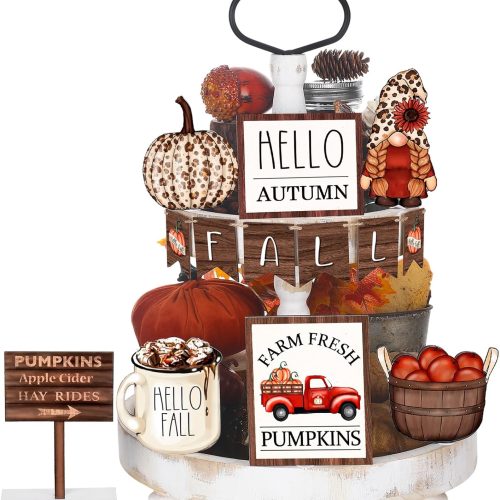 1 13 Pcs Fall Tiered Tray Decor Set Thanksgiving Pumpkin Gnome Wooden Tabletop Signs Leopard Print Gnome Truck Rustic Farmhouse Autumn Harvest Decorative Trays for Home Kitchen
