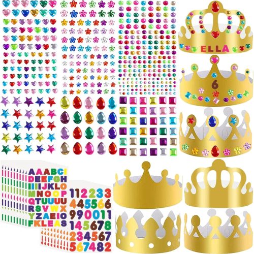 1 LAPOHI 46 Pcs Paper Crowns for Kids to Decorate Birthday Party Hats Gold for Boys Girls Jewels Gems Stickers DIY Crown Supplies