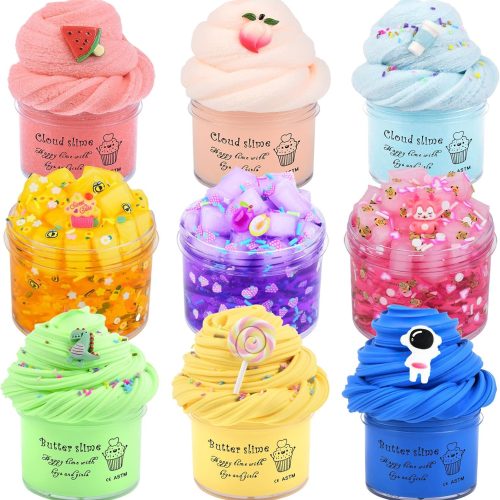 1 9 Pack Slime Kit, Assorted (Jelly Cube Crunchy, Cloud, Butter) Slime, Non-Sticky, DIY Stress Relief Toys for Unisex Children, Birthday Gift, Party Favor