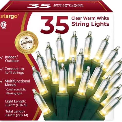 1 Clear Warm White Christmas Tree Lights - 6.3 ft String of 35 Incandescent Mini Bulbs Multifunctional Lighting Modes, for Decorative, Bedroom, Outdoor, Xmas Twinkle Lights with Green Wire Total 6.6 ft