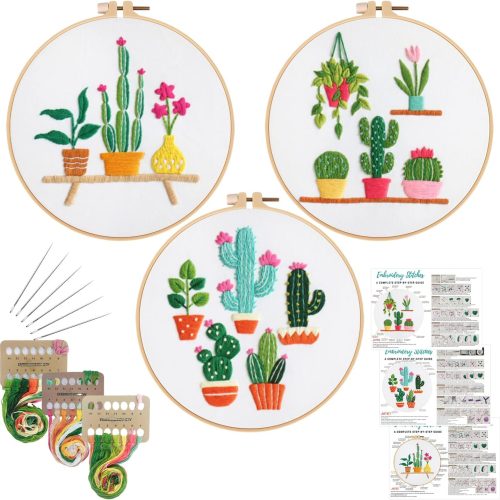 1 Louise Maelys 3 Sets Cactus Embroidery Kits for Beginners,Cross Stitch Kit for Adults,Crewel Starters Needlepoint with Plants Pattern, Hoop and Instruction
