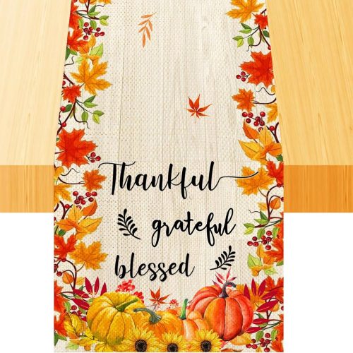1 Thankful Grateful Blessed Table Runner Sunflower Harvest Autumn Pumpkin Fall Table Runner 72 Inches Long Autumn Coffee Linen Table Decor for Kitchen Wedding Dining Room Home Party