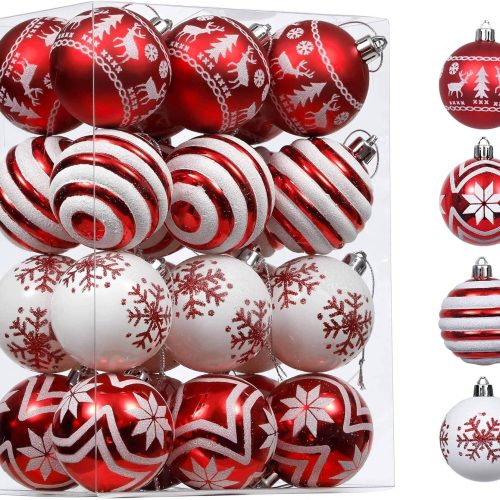 1 Valery Madelyn Christmas Ornaments Tree Decorations, 24ct Red and White Shatterproof Christmas Ball Ornaments Set, 2.36 Inch Decorative Hanging Ornament Bulk for Xmas Holiday Party Decor