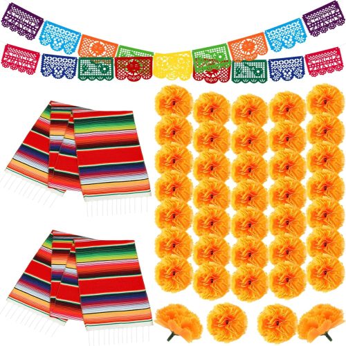1 Moukeren 104 Pcs Day of The Dead Decorations Set, 100 Pcs Orange Marigold Flower Heads Bulk, 2 Pcs Mexican Party Banners and 2 Pcs Mexican Table Runner for Halloween Dia De Los Muertos Altar Diwali