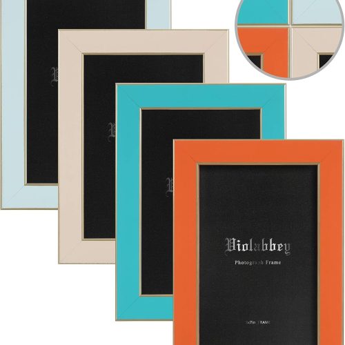 1 VIOLABBEY 5x7 Picture Frames Set of 4, Colorful Photo Frame of Modern Style, High Definition Tempered Real Glass, Wall Mounted or Tabletop Display (Blue+light blue+orange+apricot)