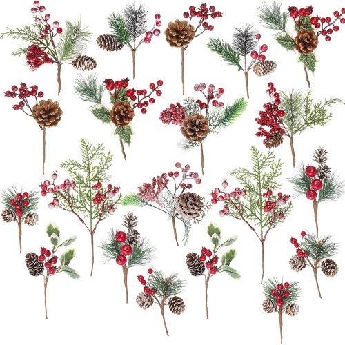 1 Crafare 20 Pack Artificial Christmas Tree Picks Assorted Red Berry Pine Picks Spray with Pinecones Apples Holly Leaves Winter Holiday Season Déco