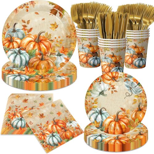 1 Fall Paper Plates and Napkins Sets,144pcs Watercolor Retro Pumpkin Thanksgiving Party Plates and Cups and Napkins Sets for Autumn Themed Thanksgiving Party Supplies,Serves 24