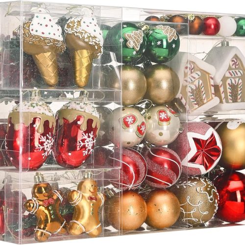 1 DecorbyHannah 120ct Christmas Ornaments Set, Gingerbread Red Green Gold Christmas Tree Decorations, Assorted Shatterproof Plastic Hanging Ball Ornaments Bulk for Xmas Home Party Indoor Decor