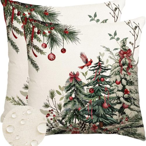 Christmas Pillow Covers 18x18 Inch,Outdoor Christmas Tree Decorative Throw Pillows Waterproof Set of 2,Winter Pillow Cases,Christmas Decorations for Couch Home Holiday Xmas Green Pine(7-18)