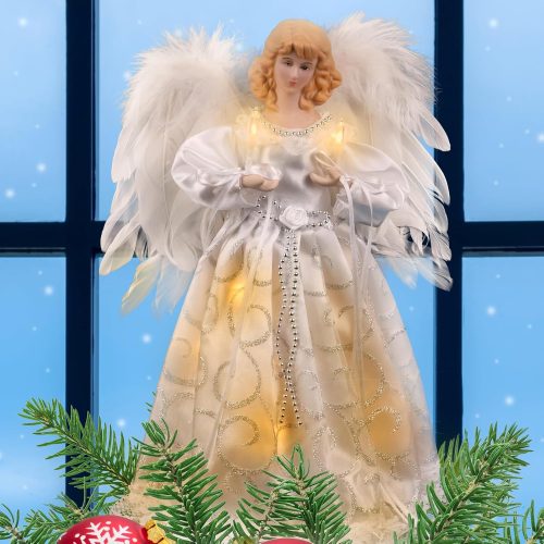1 Christmas Tree Topper with Lights | 12.5 inch White Angel Tree Topper | Battery-Powered Tree Toppers Christmas Decorations