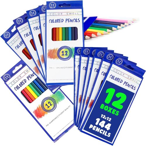 1 Color Swell Bulk Colored Pencils – 12 Sets, 144 Pre-Sharpened Assorted Vibrant Colors – Ideal for Kids, Teachers, and Classroom Supplies