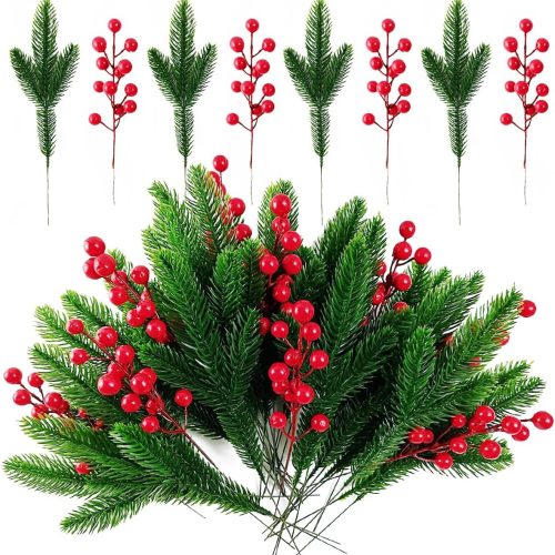 1 RONYOUNG 32PCS Artificial Pine Branches Christmas Holly Berries Artificial Red Berry Stems for Christmas Wreath Decorations Xmas Tree Decoration