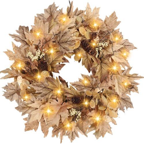 22 Inch Fall Wreaths for Front Door Outside Timer Function Pinecones Berries Autumn Fall Wreaths with 30 Warm Lights Home Porch Door Yard Harvest Mantle Window Decor