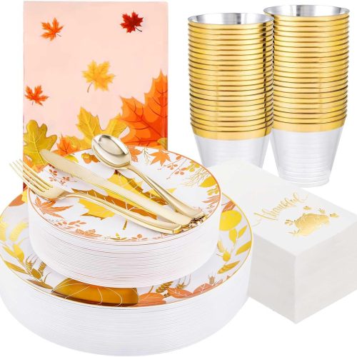 GATHER 176 Pieces Thanksgiving Plates- Disposable Gold Plastic Silverware- Thanksgiving Dinnerware with Maple Leaves Include 50 Plates 75Plastic Silverware 25Cups 25 Napkins and 1 Tablecloth