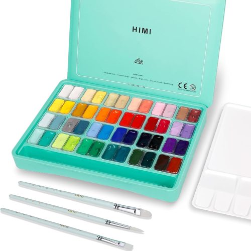 HIMI Gouache Paint Set, 48 Colors x 0.4oz, Twin Cup Jelly Design, bouns 3 Brushes & a Palette, Non-Toxic, Opaque Guache Paint for Canvas and Watercolor Paper - Perfect for Beginners, Students, Artists