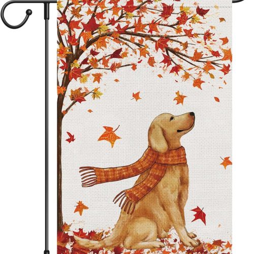Louise Maelys Welcome Fall Maple Garden Flag with Golden Retriever Dog Double Sided 12x18 Inch Small Burlap Autumn Yard Thanksgiving Outside Outdoor House Sign Decoration