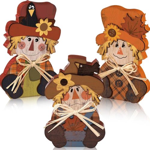 Ferraycle 3 Pcs Thanksgiving Scarecrow Decor Fall Decor Farmhouse Sign Rustic Tiered Tray Decorations Table Centerpieces Standing Pumpkin Turkey Wooden Block Sign for Home Kitchen(Scarecrow)