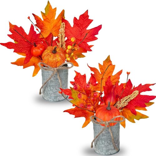 2 Pack 12 Inch Thanksgiving Decorations Fall Centerpieces for Tables Thanksgiving Table Decor Fall Arrangements Maples Leave Pumpkin Berried Wheat Realistic Moss in Metal Pots for Home Kitchen Table