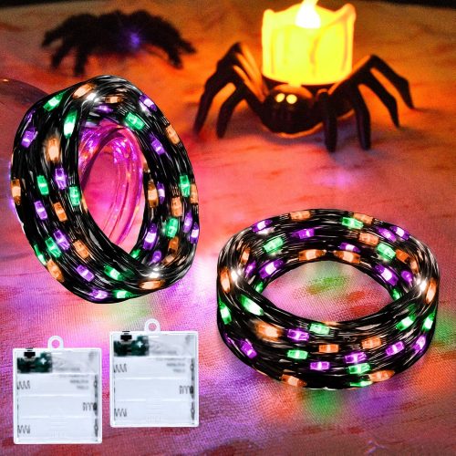 Orange Purple Green Fairy Lights Battry Operated with Timer, Halloween String Lights for Outside 16.4ft 50LED Indoor Outdoor Halloween Decorations Garland Party Patio Garden Yard 2 Packs