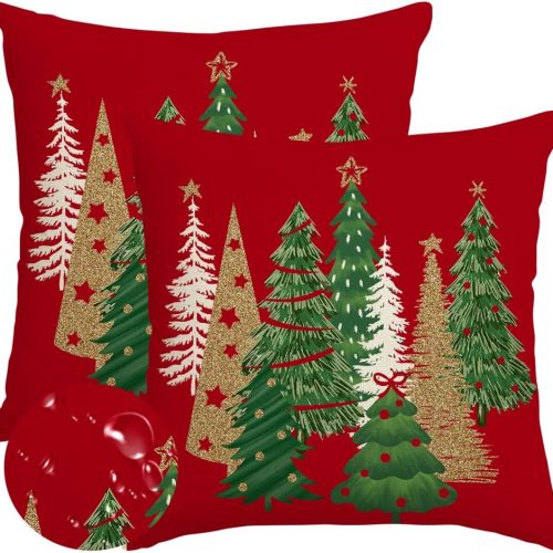 RABUSOFA Christmas Pillow Covers 18x18 Inch Outdoor Waterproof Tree Christmas Decorations Red Throw Pillow Cases Xmas Decor Winter Decorative Pillows for Couch Holiday Gold