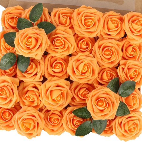 MACTING Artificial Rose Flowers 30PCS Real Touch Fake Flowers with Stem Orange Faux Foam Roses for DIY Wedding Bouquet Table Centerpieces Party Bridal Shower Home Fall Thanksgiving Decor