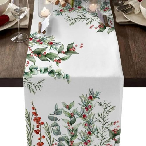 mdgfge Christmas Holly Pine Cone Needle Branch Berry Table Runner for Seasonal Winter Kitchen Dining Table Decoration for Xmas Party Farmhouse Winter Holiday Favor Supplies (13 x 72 Inch)