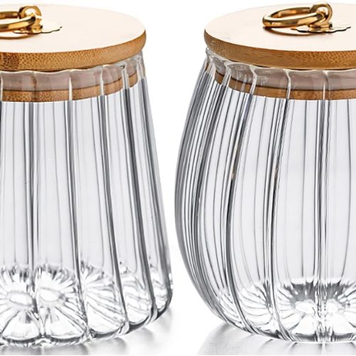 FANTESTICRYAN Small Glass Coffee Nuts Canister Airtight Storage Jar Petal Decorative Container with Bamboo Lid Metal Handle Easy to Grasp 700ml, 23 FL OZ (Set of 2)
