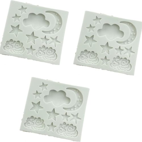 3Pcs White Star Moon Clouds Shaped Silicone Fondant Molds, Candy Chocolate Molds for DIY Cake Fondant Cookie Cloud Fondant Mold Moon For Candy Baking Sugar Cakes Decorating Candy Making Supplies