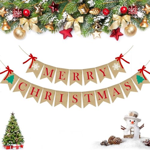 Merry Christmas Burlap Banner with 4 Red Bows, Home Indoor Christmas Decorations for Fireplace, Chimney, Wall, Tree