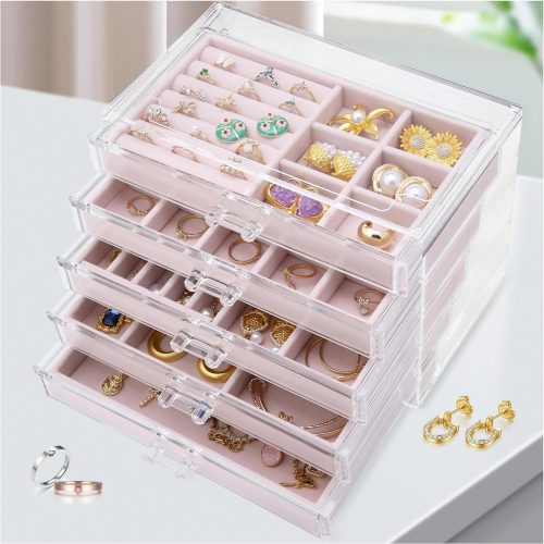 LEICHTEN Acrylic Jewelry Earring Holder Organizers,3 Drawers Jewelry Boxes & Organizers,Clear Stackable Ring Display Case with Velvet Trays for Women＆Girls,Black