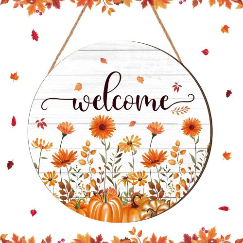 Fall Pumpkin Welcome Door Sign Wildflower Thanksgiving Floral Wreath Autumn Harvest Wooden Door Wall Hanger Sign for Indoor Outdoor Farmhouse Home Porch Greeting Party Decor,11.4 Inch