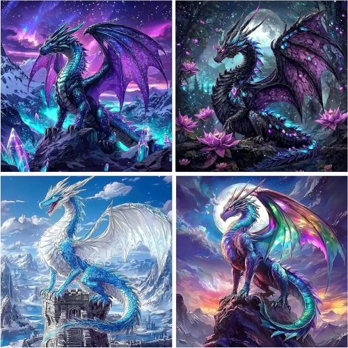 Dragon Diamond Art Kits for Adults, DIY 5D Dragon Diamond Painting Kits for Beginners, 4 Pack Round Full Drill Diamond Dots Paintings, Diamonds Pictures Gem Art Crafts Home Decor 12x12inch