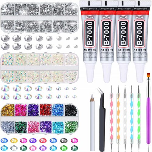 1 B7000 Jewelry Glue with Rhinestones for Crafts, 6300Pcs Rhinestones with Gems Adhesive for Shoes Cloth Fabric with Picker Pencil for Crafting Diamond Art Graduation Cap Decorations