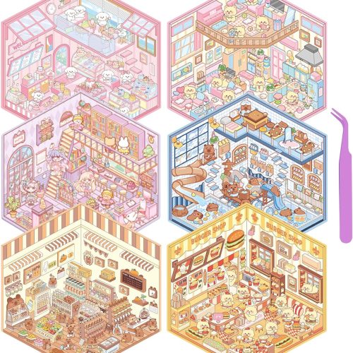 6 Set 3D Miniature Scene Stickers, LCDGTJ Cute DIY Reusable Cartoon Room House kit (Supermarket, Cafe, Library & Bathroom) with Tweezer, Ideal for Adult Kids Gift, Relief Stressm, Arts, Crafts, Fun