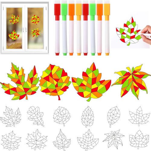 Trandraft 36 Pieces Thanksgiving Maple Leaves Window Clings Fall Suncatchers Crafts Kit DIY Maple Leaf Window Stickers with 8 Markers for Thanksgiving Autumn Party Hobby Gifts, 6 Inch in Diameter