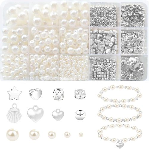 1000pcs Pearl Beads for Jewelry Making, Silver Spacer Beads DIY Kit, Women Friendship Bracelet Making Kit (Silvery)