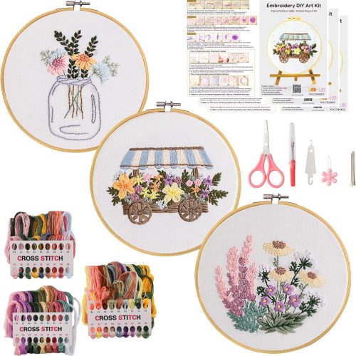 Looples Embroidery Kit for Beginners and Adults with Video Tutorials – DIY Starter Kit with 3 Stamped Floral Patterns, Hoops, Threads, Needles, and Instructions - Cart, Glass Jar, and Flowers