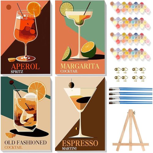 4 Pack Paint by Numbers with Frame-Wooden Easel,Cocktail Paint by Number Kit for Adults,Retro Painting by Numbers for Beginner on Canvas,Easy Vintage Oil Painting Arts Gift Kits Wall Decor 8x12inch